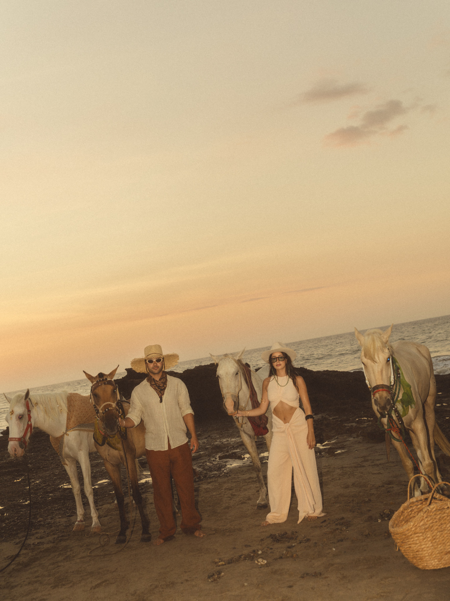 Four horses on a golden Ibiza beach at sunset